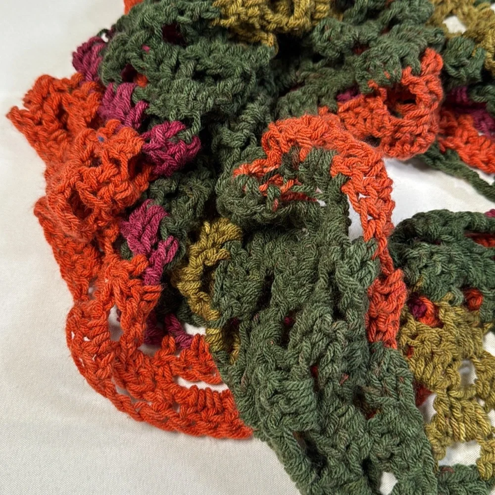 Vintage Handknit Scarf Green Orange Pink Cozy Boho‎ Cottagecore